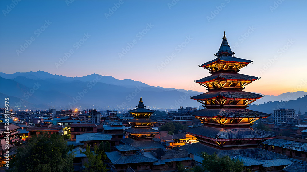 Illuminated Temple at Dusk in a Mountainous City Illuminated Temple at Dusk in a Mountainous City