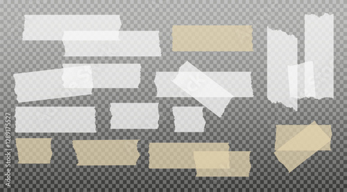 Scotch tape. Sticky paper tape. Adhesive Transparent sticky stripe. Sticker for collage, fixing photo notes. Vector