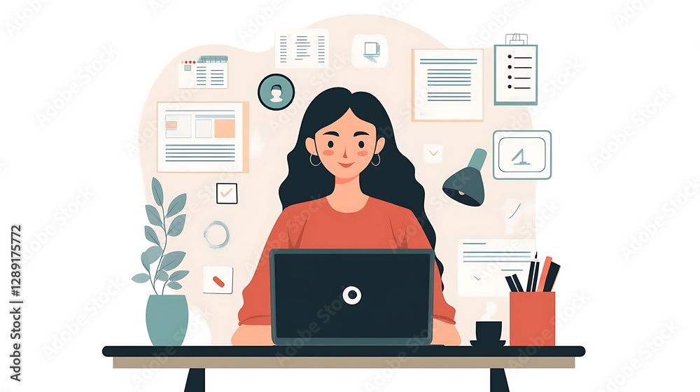 Woman working on laptop at desk, surrounded by documents and planning tools.