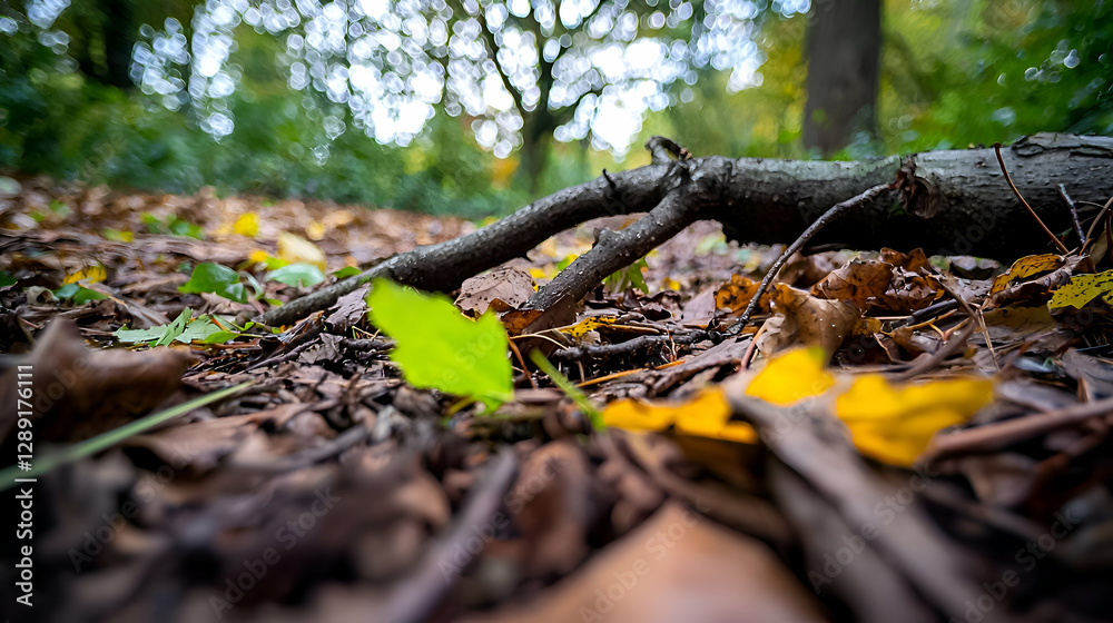 Low Angle View of Fallen Autumn Leaves and Tree Branch on Forest Floor