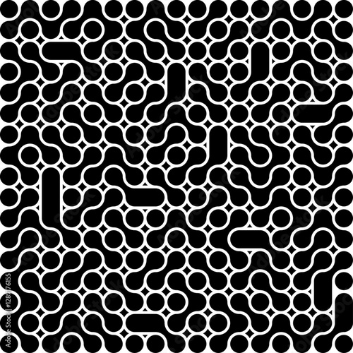 Seamless fractal halftone circles pattern. Truchet curved tiled background. Geometric irregular backdrop