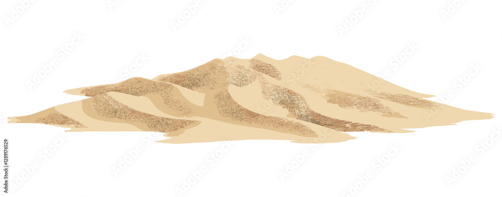 Desert sand dune isolated on white, vector side view, sand pile with clipping path, nature, dry landscape, sandy texture, isolated desert dune, vector illustration