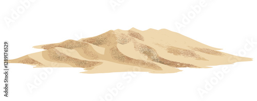 Desert sand dune isolated on white, vector side view, sand pile with clipping path, nature, dry landscape, sandy texture, isolated desert dune, vector illustration