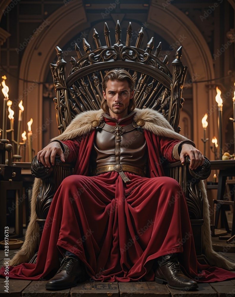 Naklejka premium A medieval king sitting on a massive throne, his hands gripping the armrests tightly as he stares down at his court with an unreadable expression