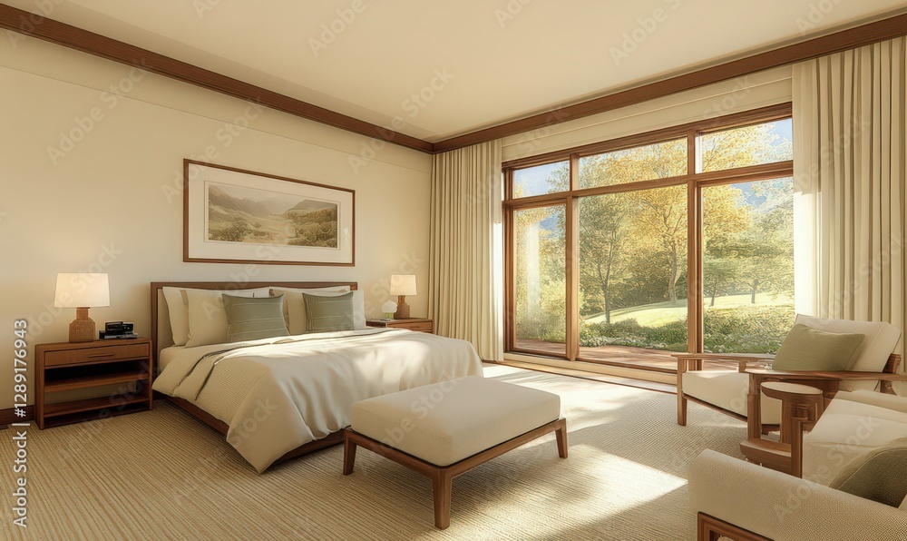 Fototapeta premium Calm bedroom interior design with neutral tones, large windows showing autumn foliage, and wooden furniture