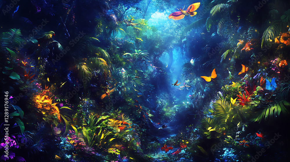 Fototapeta premium A dense jungle with vibrant green trees, thick foliage, and sunlight filtering through the canopy