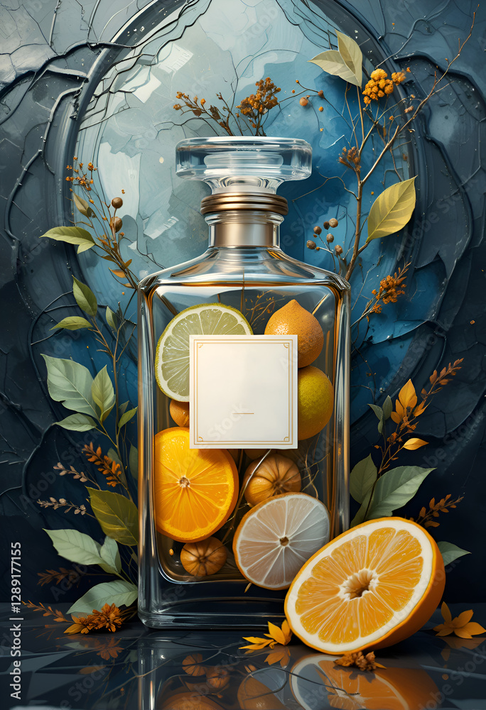flacon of perfume include stylize element of perfume such as citrus, herbs and other against blue background. painting 3d render watercolor style . Ai generated.