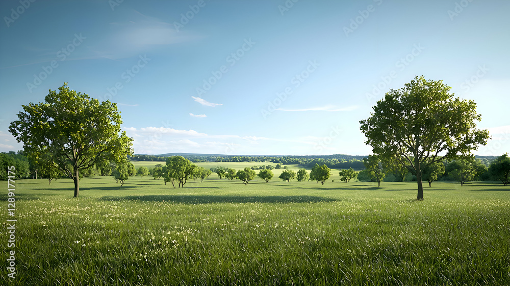 Fototapeta premium Summer Meadow Landscape with Lush Green Grass and Scattered Trees under a Blue Sky