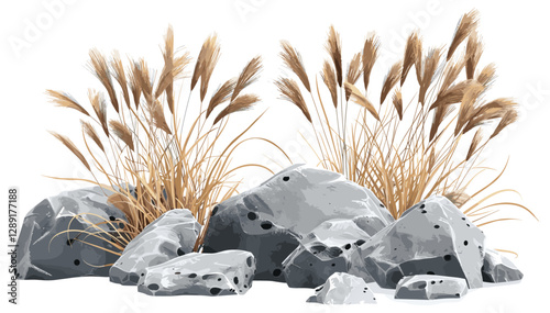 Tableau sur toile Dry Ornamental Grass, vector design, rocks, natural plants, nature landscape, ro
