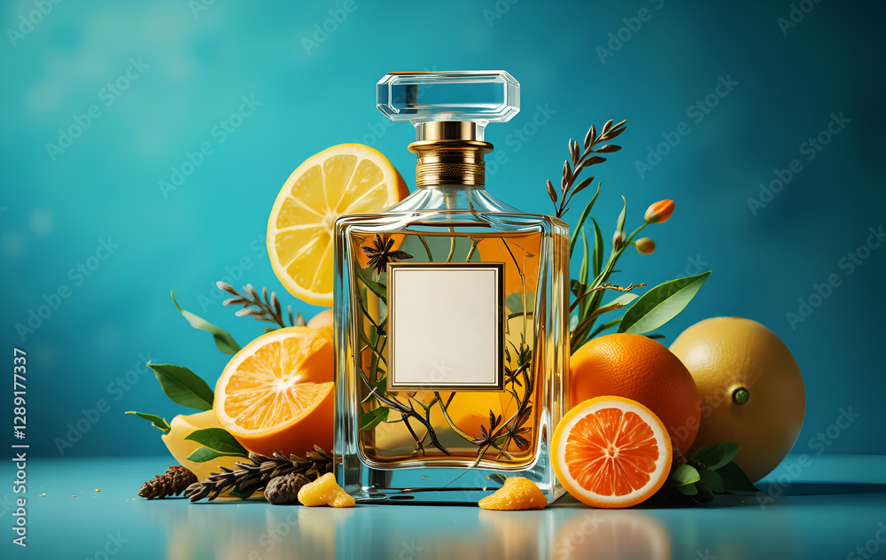 flacon of perfume include stylize element of perfume such as citrus, herbs and other against blue background. painting 3d render watercolor style . Ai generated.