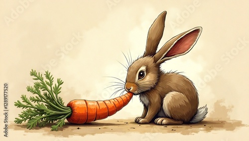 Rabbit eating a carrot on sandy ground