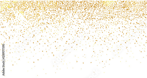 Falling gold glitter dust spray, golden particles, festive confetti background, vector golden glitter isolated, greeting design, congratulations card, shimmering sparkle effect,