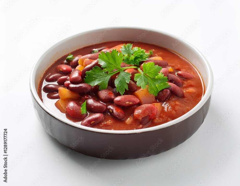 Fotografía de estudio profesional de un plato de estofado de alubias Rojas con su guarnición, de fondo blanco, 4k, ultra realista. Fotografía de estudio profesional de un plato de estofado de alubias Rojas con su guarnición, de fondo blanco, 4k, ultra realista.