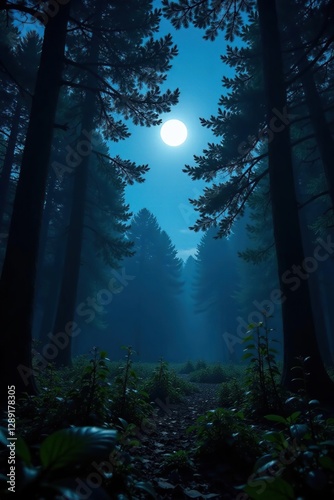 Silvery light filters through dense foliage of dark woods at night, moonlight, trees