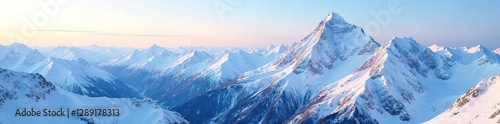Snowy mountains stretch far into the distance, peaks, scenery