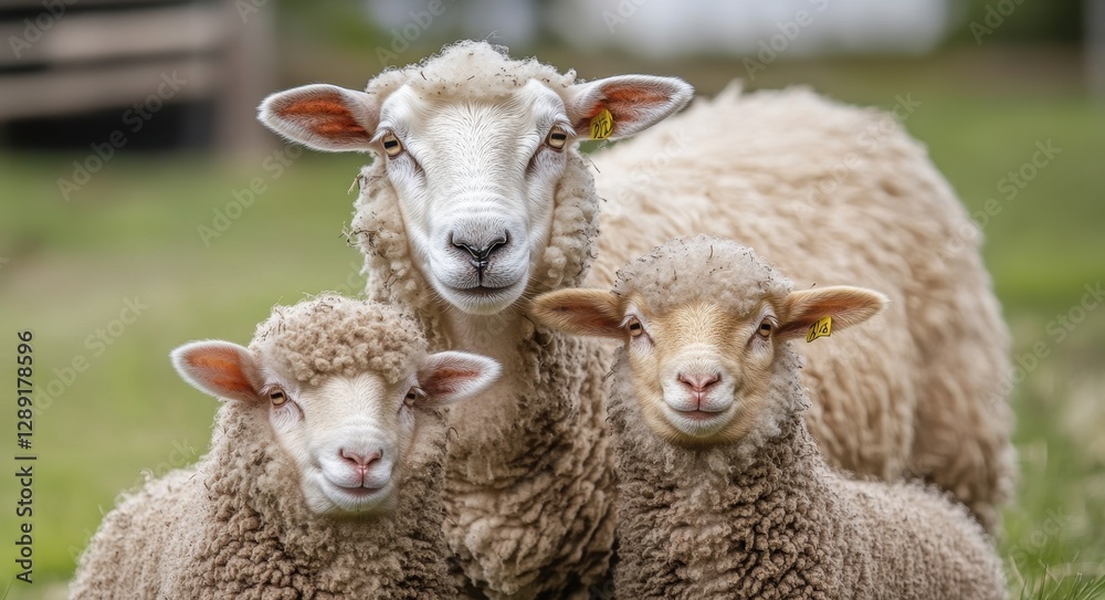 Obraz premium Heartwarming Moments: Lincoln Sheep Family Bonding at the Farm - Cute and Fluffy Companions from a Low Angle Perspective