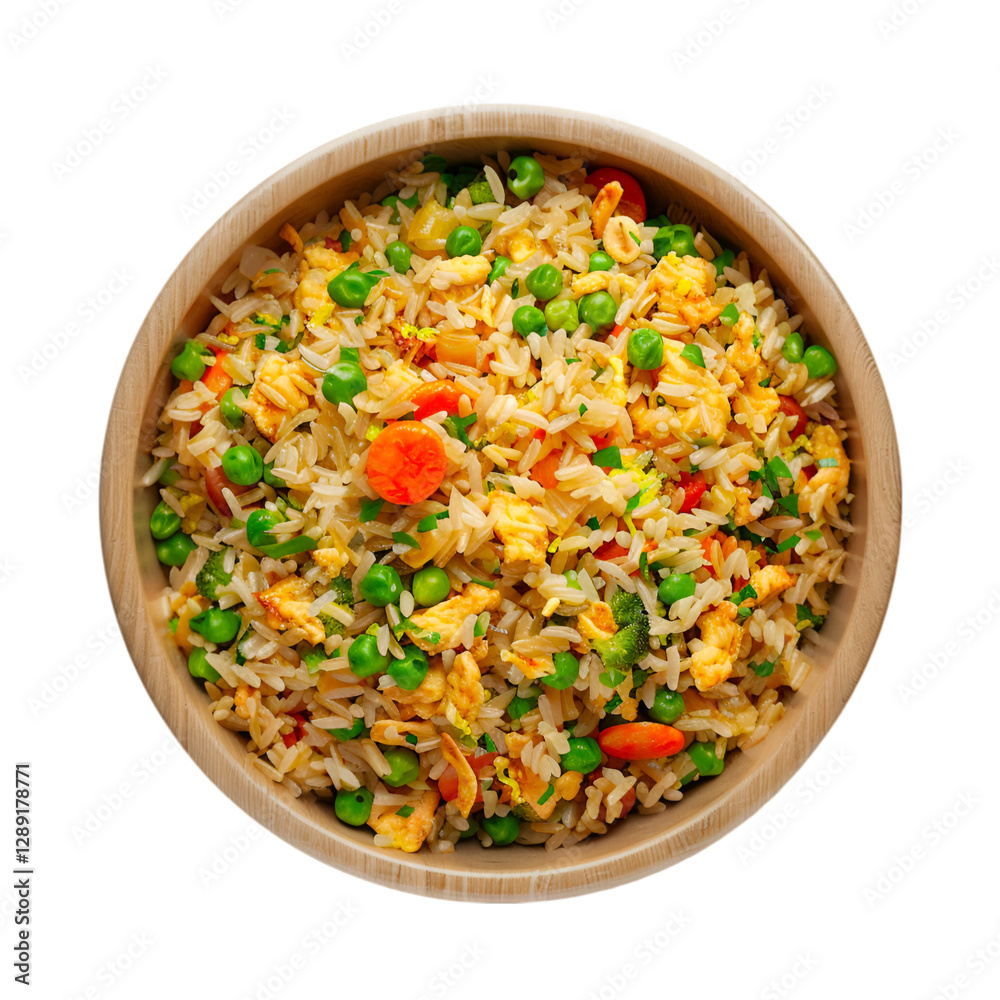 Delicious Vegetable Fried Rice in Wooden Bowl Asian Cuisine Delicious Vegetable Fried Rice in Wooden Bowl Asian Cuisine