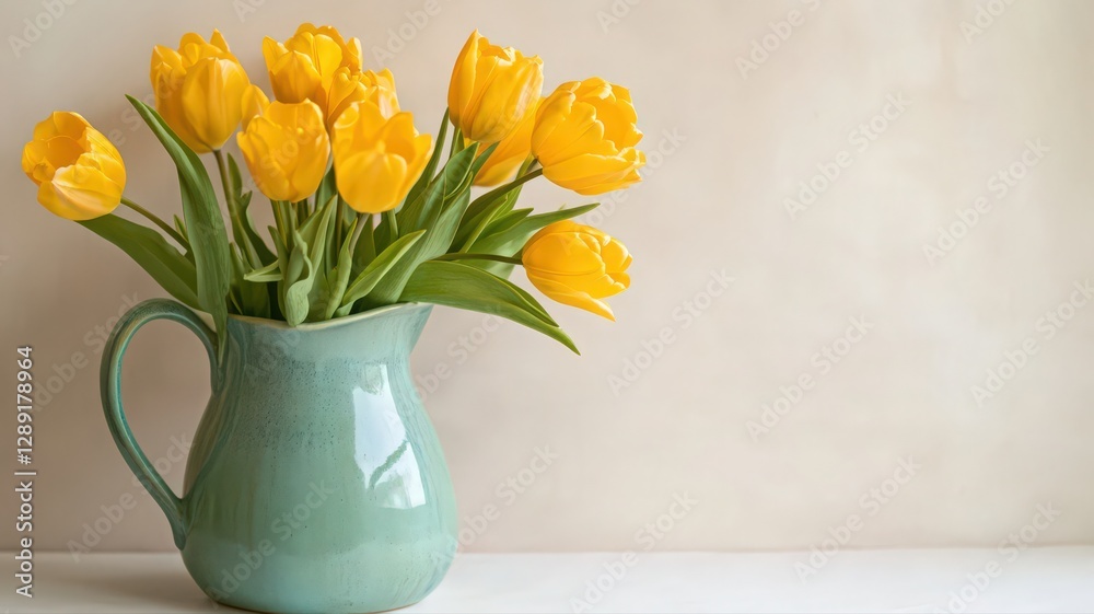 Fototapeta premium A bouquet of yellow tulips in a teal ceramic pitcher against a beige background. Simple, elegant, and spring-like