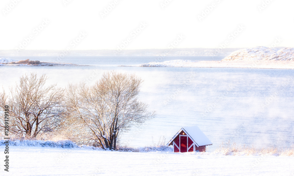 Fototapeta premium From Feste in Rygge, Moss, with the Oslo Fjord and the Island Revlingen, on a Cold Winter Day with Frost Smoke