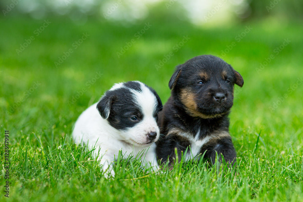 Newborn mongrel puppies on a green lawn Newborn mongrel puppies on a green lawn