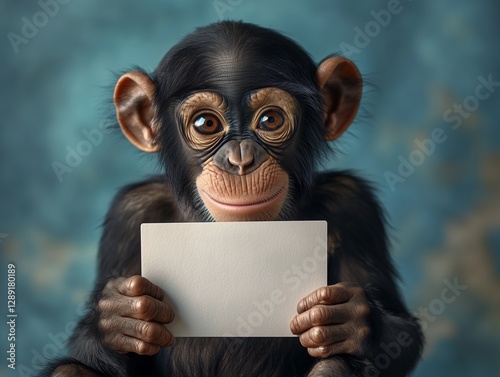 Funny chimpanzee monkey holding up an empty light sign, a white blank board with space for text, on a blue background.