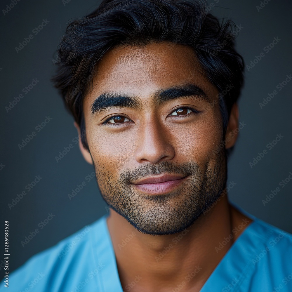 Obraz premium A portrait of a young male intern in a blue medical uniform, set against a hospital background, depicted as a healthcare icon
