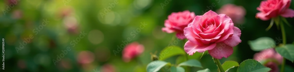 Pink cranberry coloured roses swaying gently in the breeze amidst lush green foliage, botanical, flowers Pink cranberry coloured roses swaying gently in the breeze amidst lush green foliage, botanical, flowers