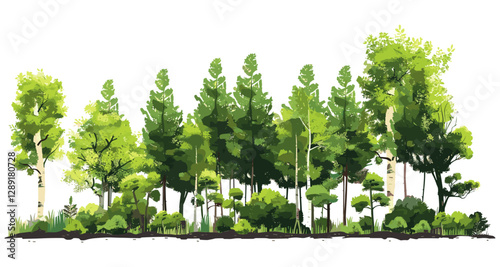 Vector forest landscape, row of trees and shrubs, green foliage in summer, natural woods, scenic trees, outdoor nature, lush greenery, environmental background