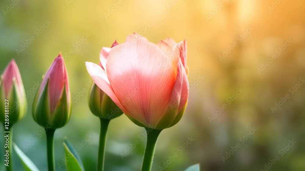 Row of pink tulip buds with one blooming tulip in a garden at sunset Row of pink tulip buds with one blooming tulip in a garden at sunset