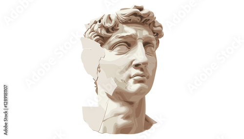 Fragmented classical sculpture of a young man's head isolated on transparent background, vector marble bust, ancient Greek art, antique statue, mythology, Renaissance