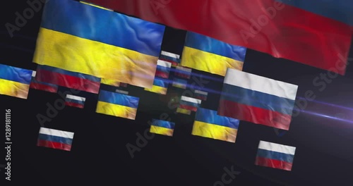 Ukraine and Russia waving flags tunnel looping. Flight between Ukrainian and Russian symbols banner blowing in the wind seamless and looped concept animation.