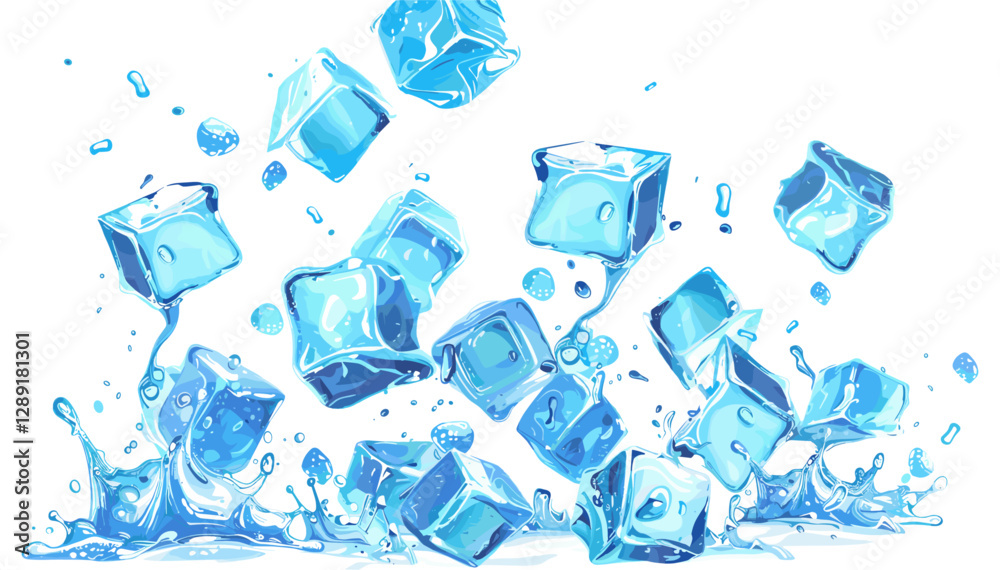 Fresh blue ice cubes falling and splashing, vector ice cubes with water splash, isolated on white or transparent PNG, cold drink splash, frozen water, cool effect, ice block
