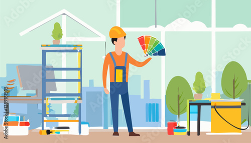 A construction worker is holding a vibrant color palette in front of a stunning city skyline filled with highrise buildings and skyscrapers