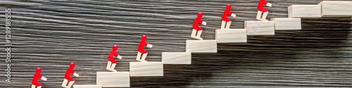 Career Growth People Figures Climbing Wooden Block Steps on Wood Grain