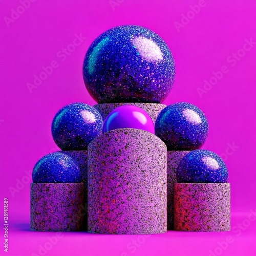 Abstract Geometry Spheres and Cylinders in Purple and Blue