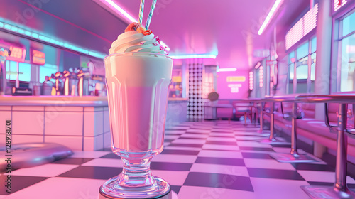 A vibrant scene featuring a milkshake in a retro-style diner with checkered floors. Retro-Futuristic Diner Scene. Illustration photo