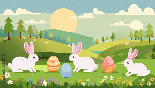 This pixel art illustration depicts a charming scene featuring three adorable rabbits alongside colorful Easter eggs nestled within a vibrant field
