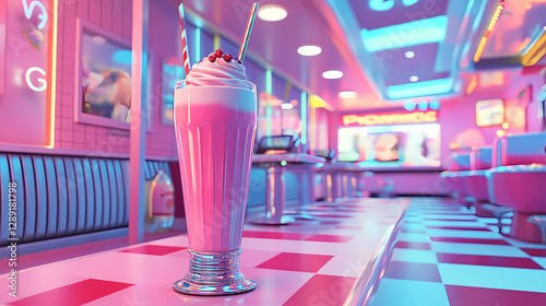 A vibrant scene featuring a milkshake in a retro-style diner with checkered floors. Retro-Futuristic Diner Scene. Illustration photo