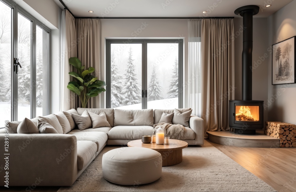 Fototapeta premium Contemporary apartment living room interior with beige couch, pillows, and a wooden table on a carpet. A fireplace burns, snow covered trees visible through the window, earthtone color home design.