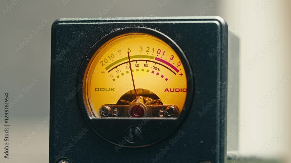 Hi fi amplifier, Audio signal levels monitoring audio console on classic sound panel. Close-up analog signal indicator with arrow