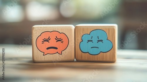 Two wooden blocks representing emotions, one sad with a messy thought bubble and one happy with a structured thought bubble, symbolizing therapy and mental wellbeing photo