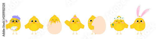 Set of little cute Easter chickens. Little chicks characters collection. Vector illustration