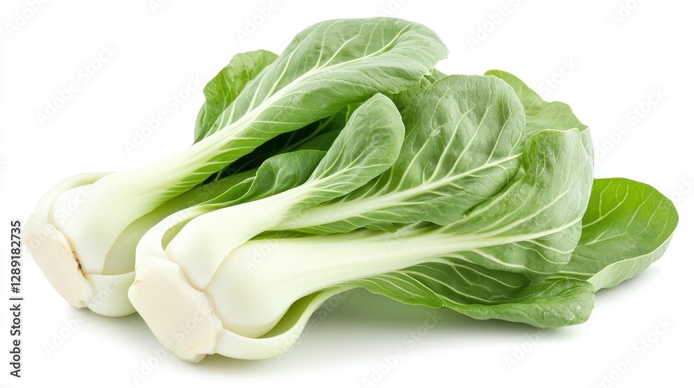 Fresh Baby Bok Choy: Vibrant Green Stems and Leaves on White Background, Perfect for Healthy Vegetarian Dishes. Fresh Baby Bok Choy: Vibrant Green Stems and Leaves on White Background, Perfect for Healthy Vegetarian Dishes.