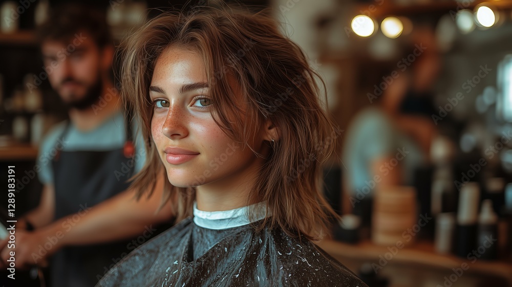 Fototapeta premium Woman with a Fresh Haircut in Salon