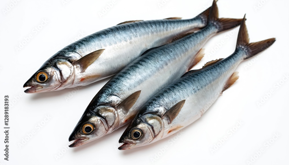 Three raw sardines lie on white. Fresh oily sea fish with scales, fins, tails used in culinary recipes. Seafood ingredient for healthy diet, rich in omega-3. Three raw sardines lie on white. Fresh oily sea fish with scales, fins, tails used in culinary recipes. Seafood ingredient for healthy diet, rich in omega-3.