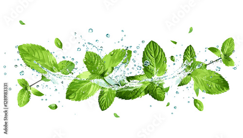 Vector mint leaves with splashing water drops, herbal, fresh, green, organic, natural, peppermint, realistic, plant, refreshing, essence, botanical, isolated on white or transparent PNG,
