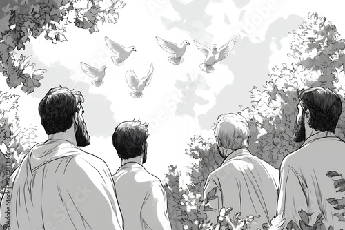 Four men watch five doves ascend in a clear sky. The peaceful outdoor scene suggests hope and freedom, suitable for Cyprus National Day