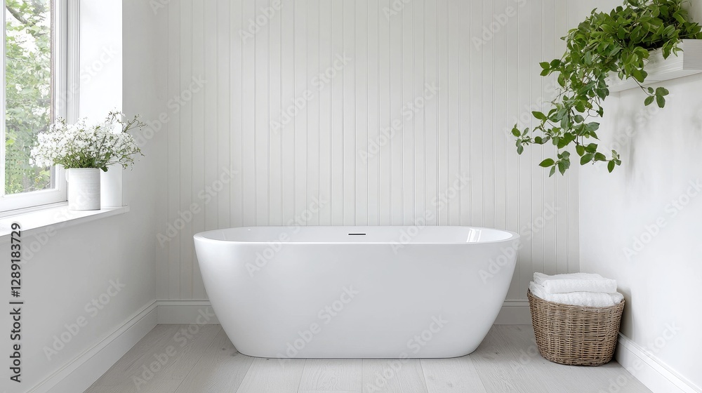 Fototapeta premium Modern white freestanding bathtub in a bright minimalist bathroom with green plants and natural light.