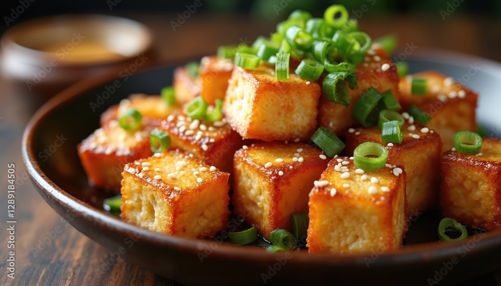 Golden fried tofu cubes with sesame seeds, topped with fresh green onions on plate. Asian cuisine dish, vegan protein source on wooden table. Healthy eating and vegetarian diet concept. Golden fried tofu cubes with sesame seeds, topped with fresh green onions on plate. Asian cuisine dish, vegan protein source on wooden table. Healthy eating and vegetarian diet concept.