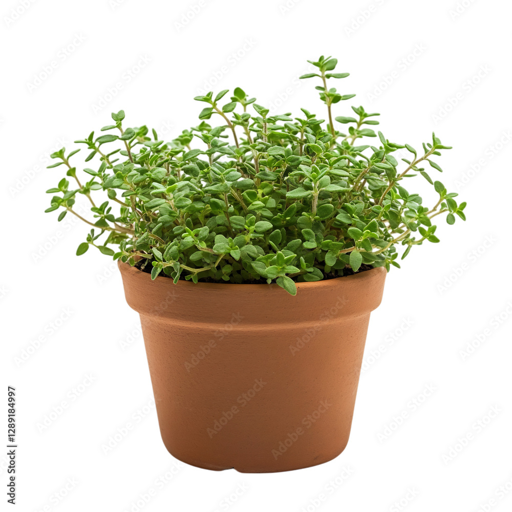 A Small Potted Thyme Plant with Aromatic Green Leaves Isolated on Transparent Background A Small Potted Thyme Plant with Aromatic Green Leaves Isolated on Transparent Background